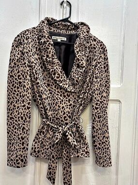 David Brooks Lined leopard Animal Ruffled Collar Button Snap Front Jacket Sz L